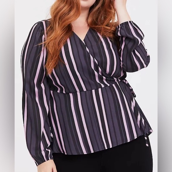 NWT Stripe Crepe Surplice Tie Waist Top Blouse 1 - Picture 1 of 6
